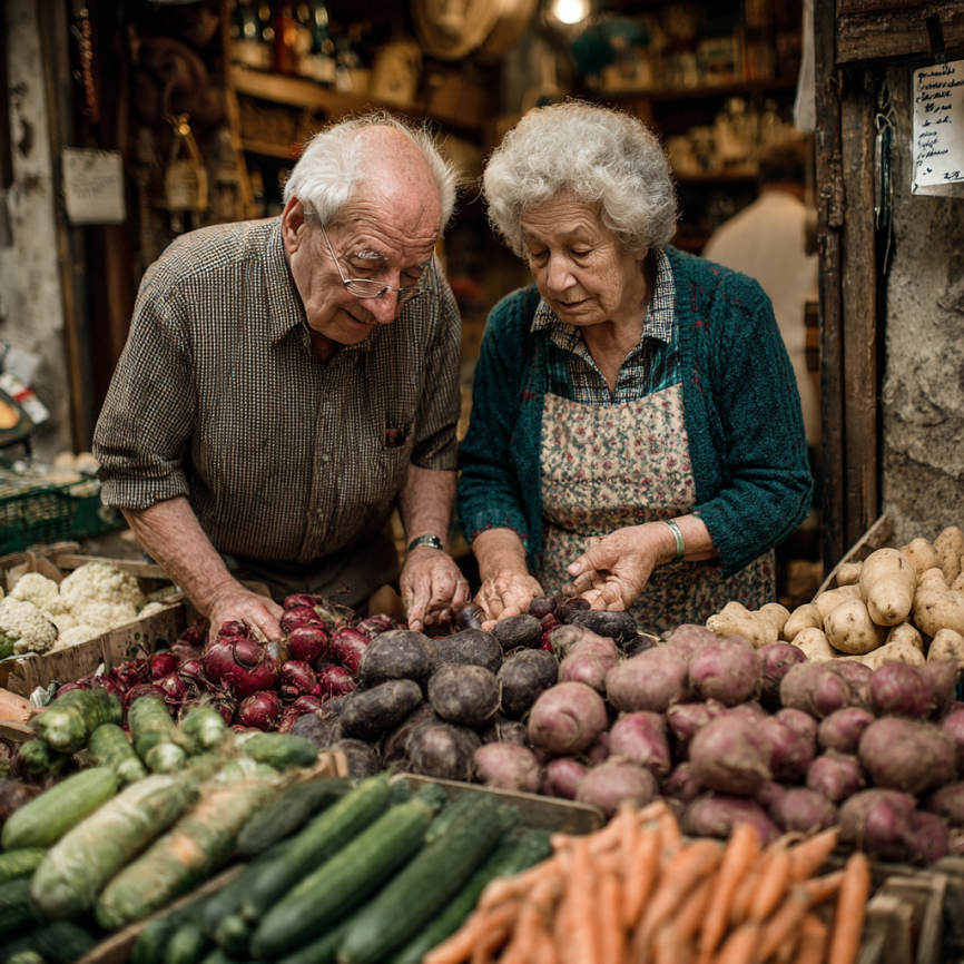 Възрастни хора с здравословна храна